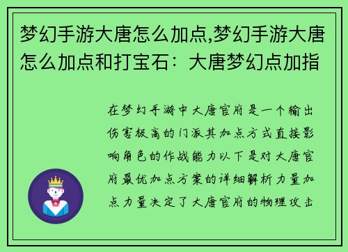 梦幻手游大唐怎么加点,梦幻手游大唐怎么加点和打宝石：大唐梦幻点加指引：最强加点方案解析